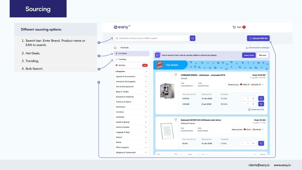 Product sourcing options on Eany.io