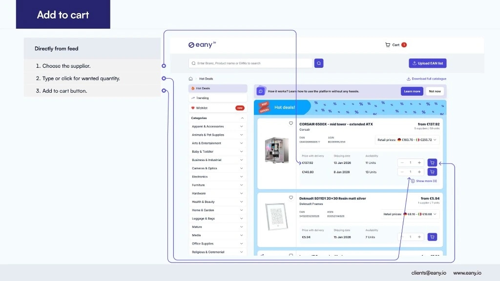 Adding products to cart on Eany.io