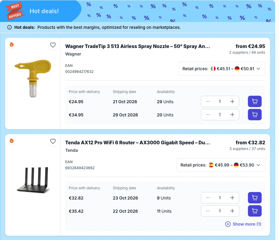 Hot deals list with wholesale price, retail price range and supplier offers