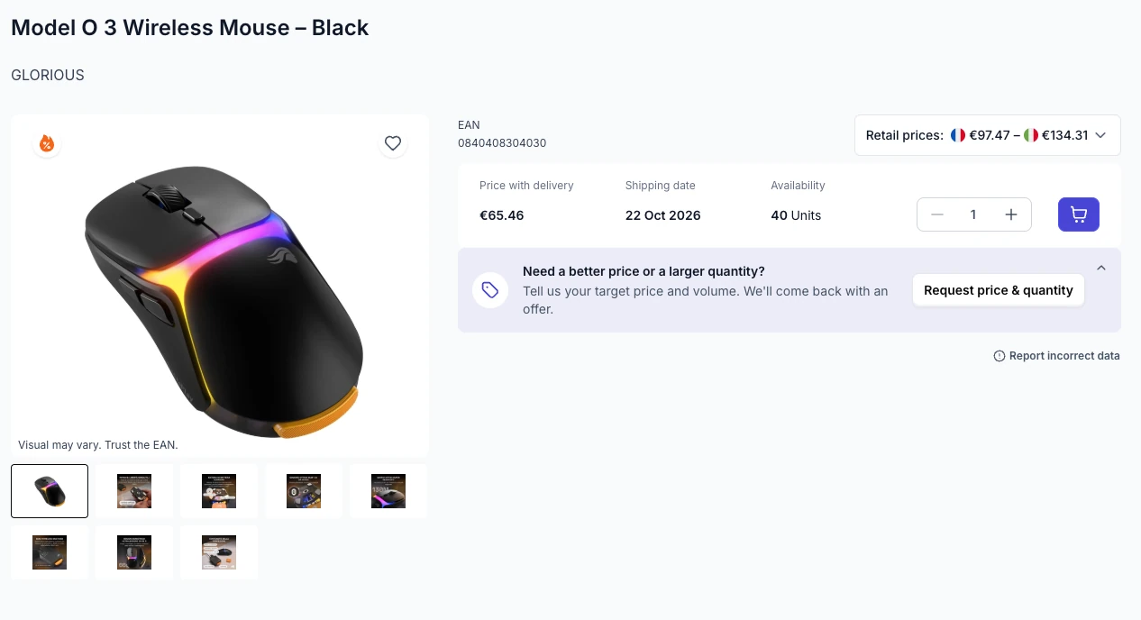eany.io product page with retail prices and price & quantity request