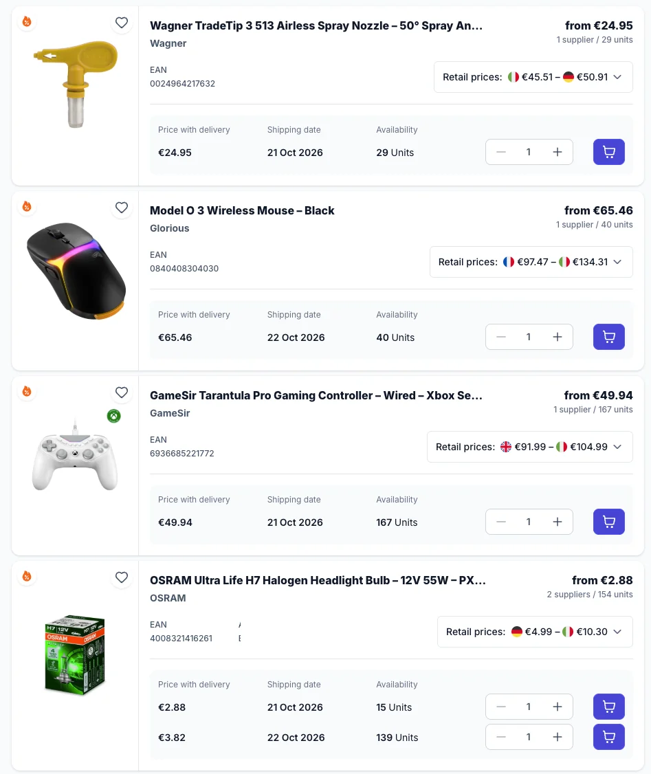 Product list showing price with delivery, shipping date and availability from several suppliers